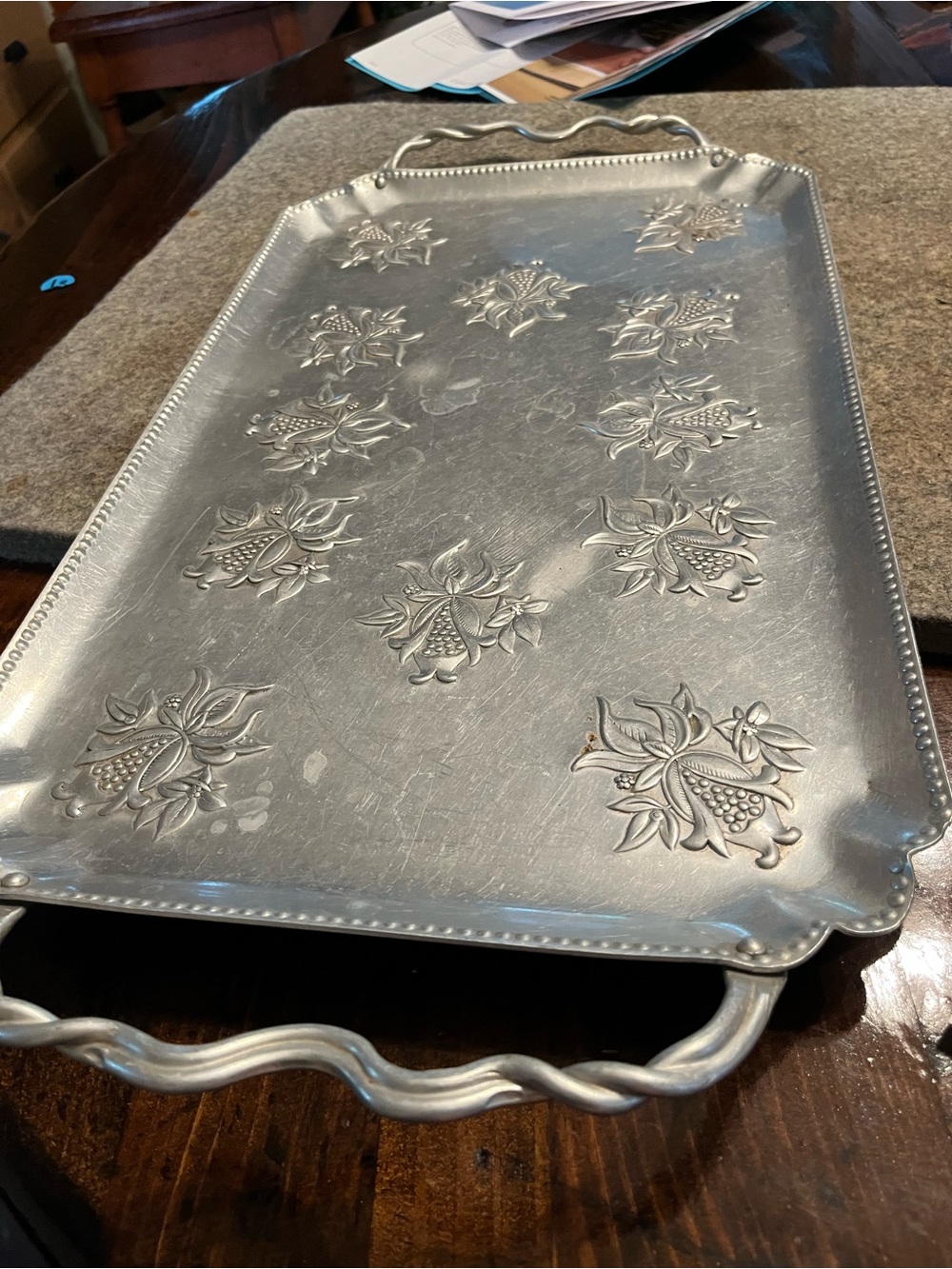 Ornate Silver-Tone Floral Embossed Serving Tray with Handles